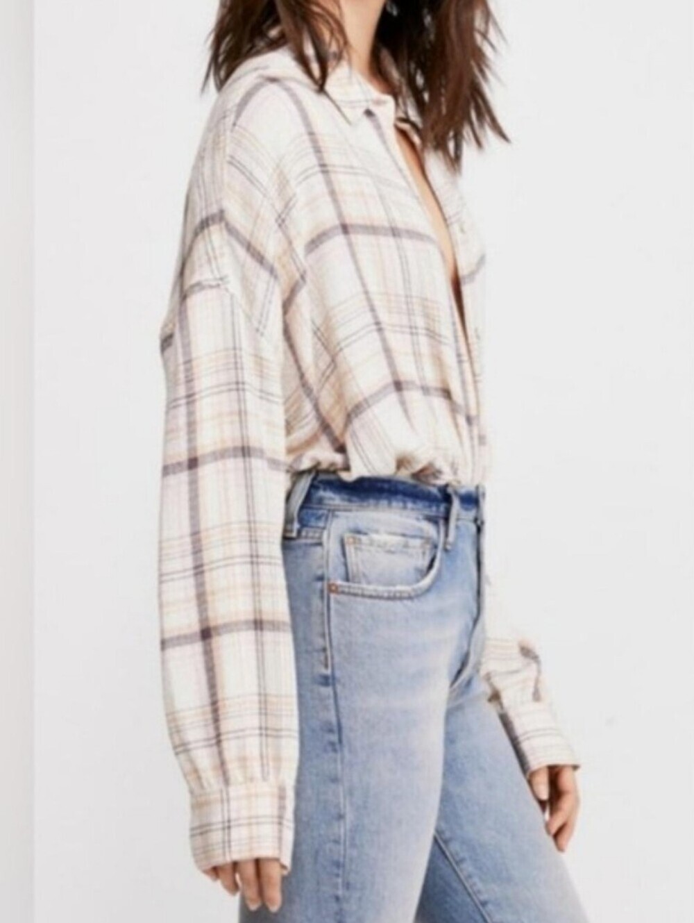 Free People Hidden Valley Plaid Shirt in Cream, Taupe Soft Pink Oversized - Picture 10 of 10